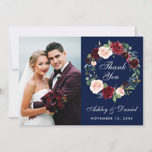 Floral Burgundy Blue Wreath Wedding Dankcard Dankeskarte (Vorderseite)