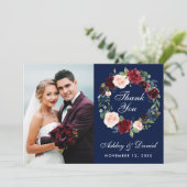 Floral Burgundy Blue Wreath Wedding Dankcard Dankeskarte (Stehend Vorderseite)