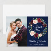 Floral Burgundy Blue Wreath Wedding Dankcard Dankeskarte (Vorne/Hinten)