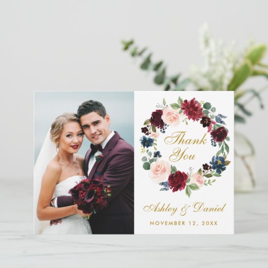 Floral Burgundy Blue Wreath Wedding Gold Danke B (Stehend Vorderseite)