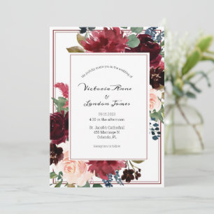 Floral Burgundy Blush Elegantes Skript Hochzeit Einladung
