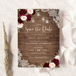 Floral Burgundy Blush Lace Wood Save the Date Einladung