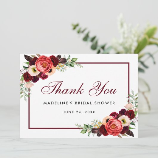 Floral Burgundy Boho Brautparty Danke Card W Save The Date (Stehend Vorderseite)