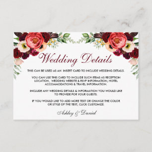 Floral Burgundy Boho Hochzeitdetails Beipackkarte  Begleitkarte