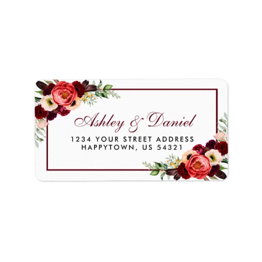 Floral Burgundy Boho Wedding Address Adressaufkleber (Vorne)