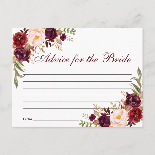 Floral Burgundy Brautparty Advice Card B Postkarte (Vorderseite)