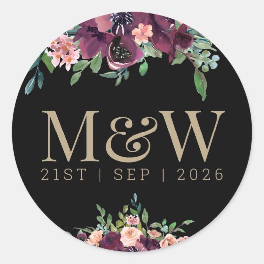 Floral Burgundy Bride Groom Monogram Gold Black Runder Aufkleber (Vorderseite)
