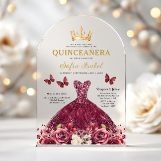 Floral Burgundy Butterfly Prinzessin Quinceanera Acryleinladungen