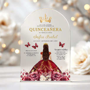 Floral Burgundy Butterfly Prinzessin Quinceanera Acryleinladungen