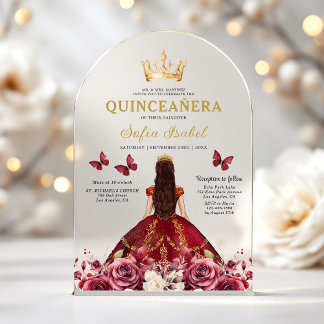 Floral Burgundy Butterfly Prinzessin Quinceanera Acryleinladungen