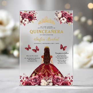 Floral Burgundy Butterfly Prinzessin Quinceanera Acryleinladungen