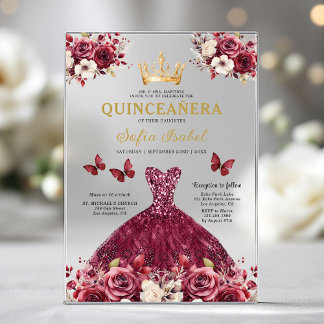 Floral Burgundy Butterfly Prinzessin Quinceanera Acryleinladungen
