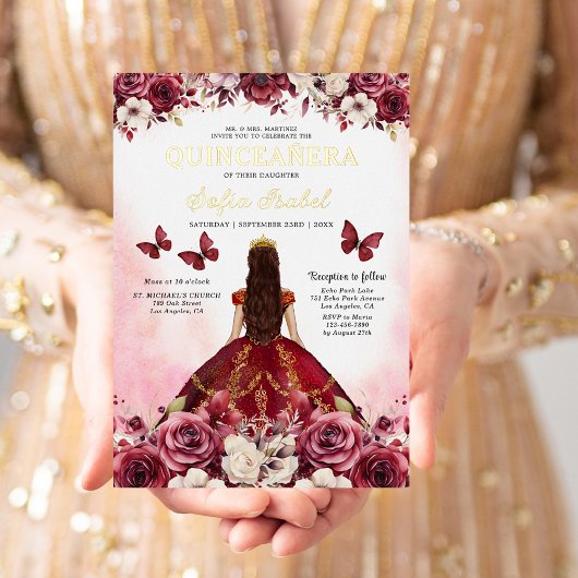 Floral Burgundy Butterfly Prinzessin Quinceanera Folieneinladung