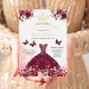 Floral Burgundy Butterfly Prinzessin Quinceanera Folieneinladung