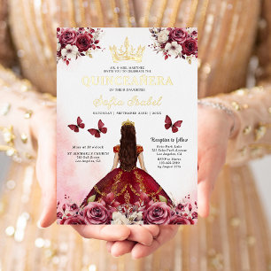 Floral Burgundy Butterfly Prinzessin Quinceanera Folieneinladung