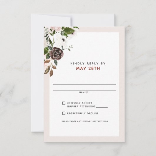 Floral Burgundy Cream Dusty Pink Rose UAWG Wedding RSVP Karte (Vorderseite)