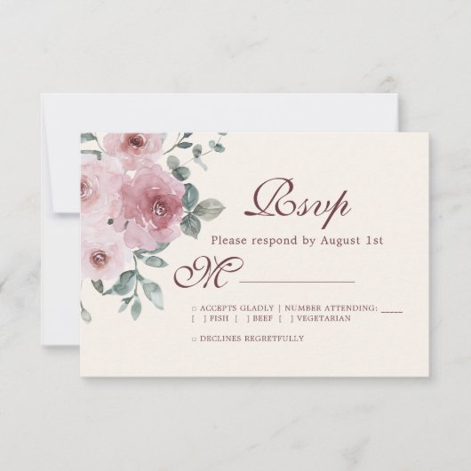 Floral Burgundy Dusty Pink Rose Ivory Wedding RSVP Karte (Vorderseite)