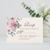 Floral Burgundy Dusty Pink Rose Ivory Wedding RSVP Karte (Stehend Vorderseite)