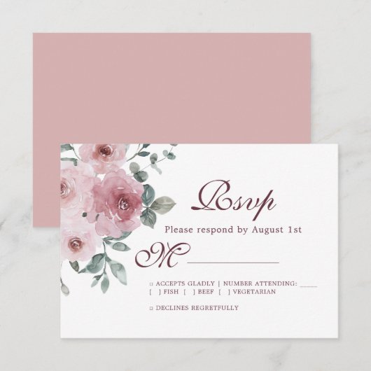 Floral Burgundy Dusty Pink Rose Wedding RSVP (Vorne/Hinten)
