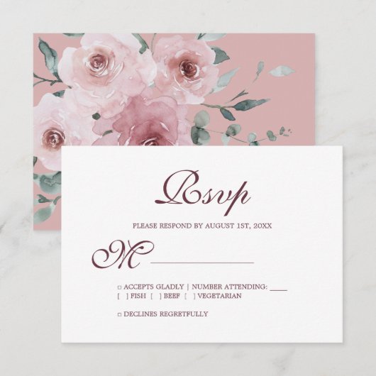 Floral Burgundy Dusty Pink Rose Wedding RSVP (Vorne/Hinten)