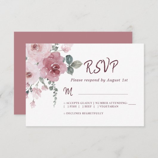 Floral Burgundy Dusty Pink Rose Wedding RSVP (Vorne/Hinten)