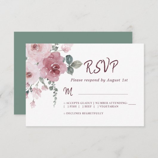 Floral Burgundy Dusty Pink Rose Wedding RSVP (Vorne/Hinten)