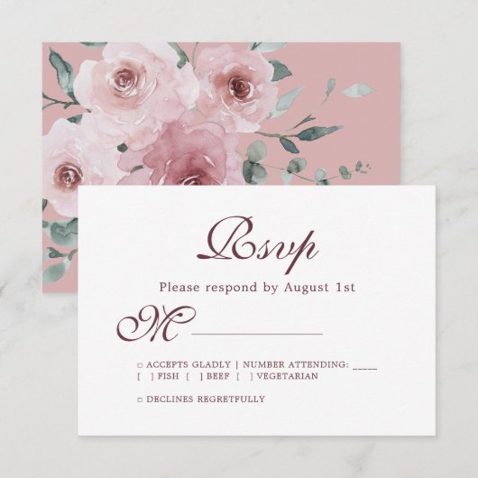 Floral Burgundy Dusty Pink Rose Wedding RSVP (Vorne/Hinten)