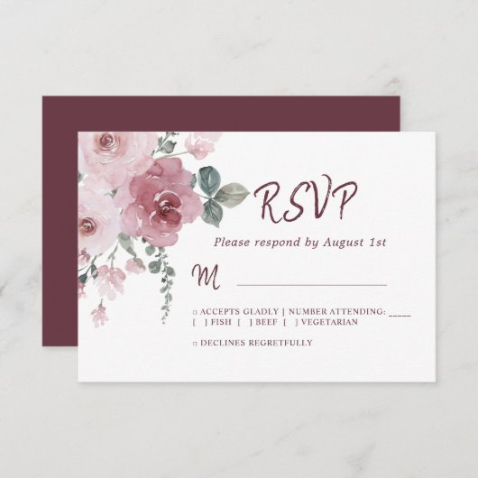 Floral Burgundy Dusty Pink Rose Wedding RSVP (Vorne/Hinten)