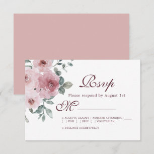Floral Burgundy Dusty Pink Rose Wedding RSVP Karte