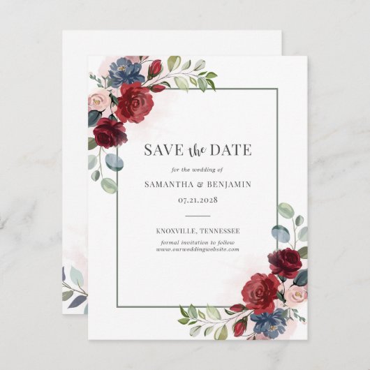 Floral Burgundy Eukalyptus Wedding Save the Date (Vorne/Hinten)