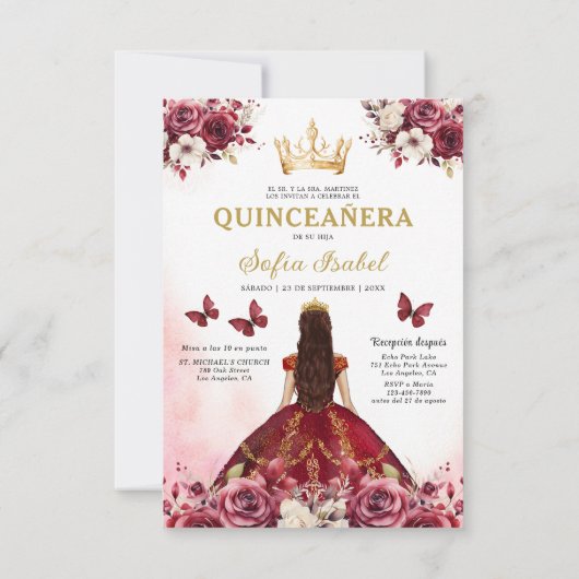 Floral Burgundy Gold Bilingual Spanish Quinceanera Einladung (Rückseite)