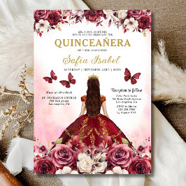 Floral Burgundy Gold Bilingual Spanish Quinceanera Einladung