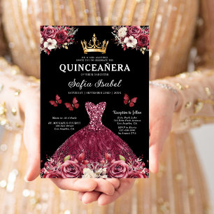 Floral Burgundy Gold Bilingual Spanish Quinceanera Einladung