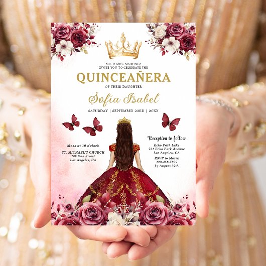 Floral Burgundy Gold Bilingual Spanish Quinceanera Einladung