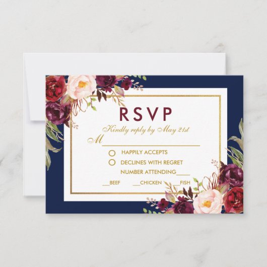 Floral Burgundy Gold Blue Wedding RSVP Karte (Vorderseite)