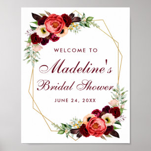 Floral Burgundy Gold Boho Brautparty Willkommen Poster