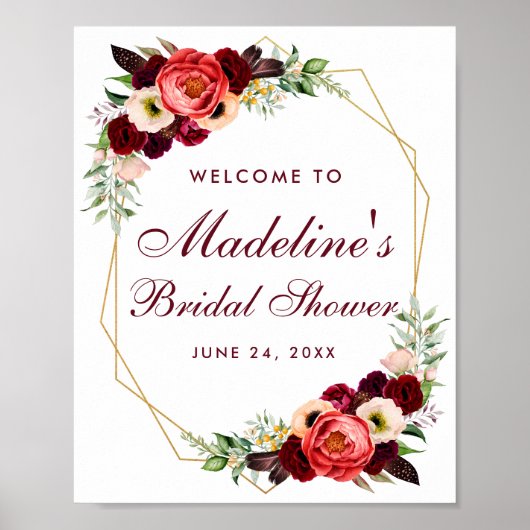 Floral Burgundy Gold Boho Brautparty Willkommen Poster (Vorne)