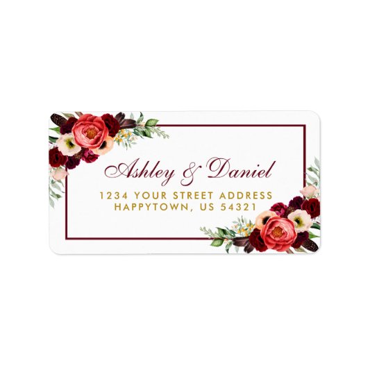 Floral Burgundy Gold Boho Wedding Address Adressaufkleber (Vorne)