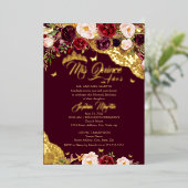 Floral Burgundy Gold Butterfly Quinceanera Folieneinladung (Stehend vorne)