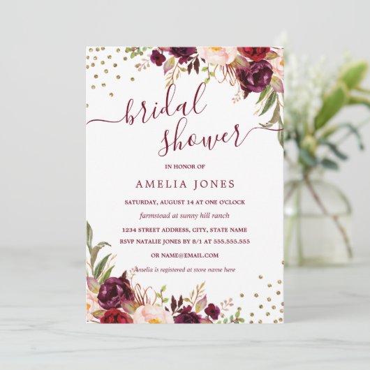 Floral Burgundy Gold Confetti Brautparty Einladung (Stehend Vorderseite)