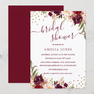 Floral Burgundy Gold Confetti Brautparty Einladung