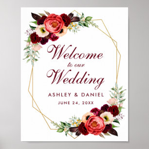 Floral Burgundy Gold Frame Boho Wedding Willkommen Poster