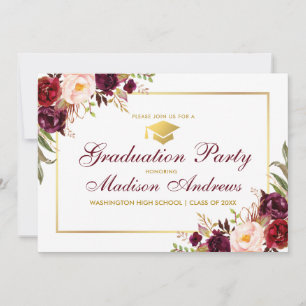 Floral Burgundy Gold Frame Graduation Party einlad Einladung