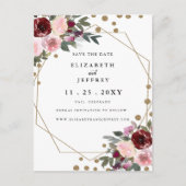 Floral Burgundy Gold Geometric Save the Date Ankündigungspostkarte (Vorderseite)