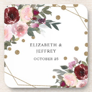Floral Burgundy Gold Glitzer Geometric Wedding Getränkeuntersetzer