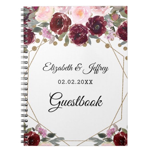 Floral Burgundy Gold Glitzer Geometric Wedding Notizblock (Vorderseite)
