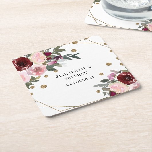 Floral Burgundy Gold Glitzer Geometric Wedding Rechteckiger Pappuntersetzer (angewinkelt)