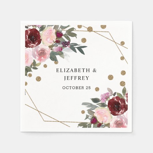 Floral Burgundy Gold Glitzer Geometric Wedding Serviette (Vorderseite)