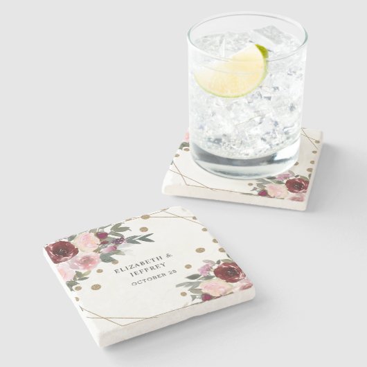 Floral Burgundy Gold Glitzer Geometric Wedding Steinuntersetzer (Seitenansicht)