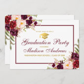 Floral Burgundy Gold Graduation Party Einladung (Vorne/Hinten)